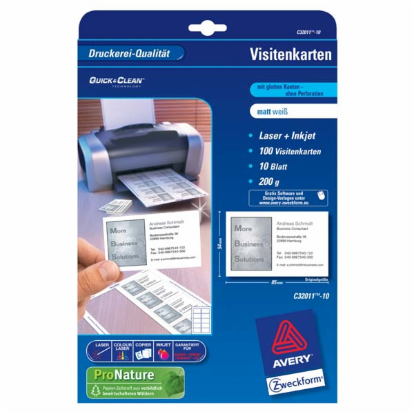 Vizitky Avery Zweckform, bílé, matné, A4, 200 g/m2, 85x54...
