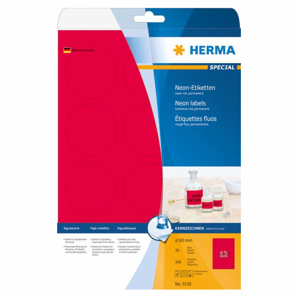 Herma Barevné etikety 5156, A4, kulaté, 60 mm, jasně červ...