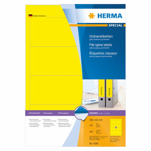 Herma Labels Special 4296, pro pořadače, A4, žlutá, 192 x...