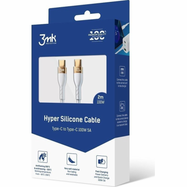 3mk datový kabel - Hyper Silicone Cable C to C 2m 100W, bílá