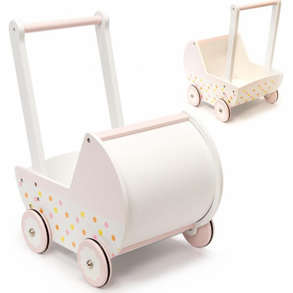 Kik Doll kočárek kočárek gondola dřevěný růžový pusher