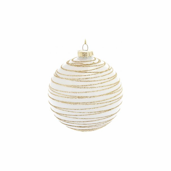 Ozdoba baňka bílá se zlatými linkami 10 cm