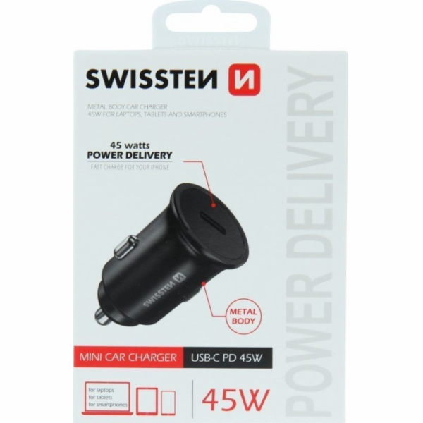 Swissten Cl Autonabíječka USB-C PD3.0 45W kovové tělo černý