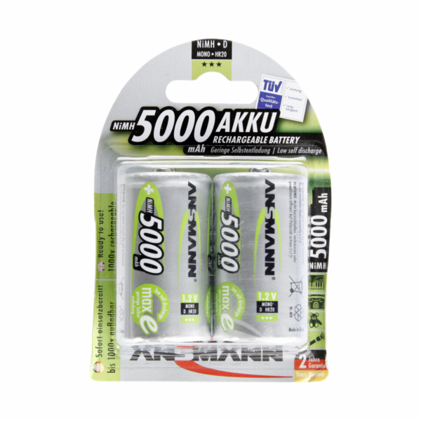 1x2 Ansmann maxE NiMH Akku Mono D 5000 mAh