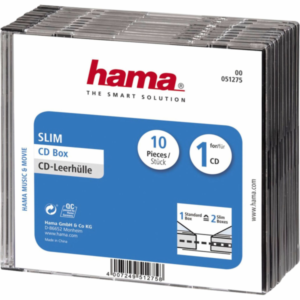1x10 Hama pouzdro na CD Slim-Line transp./cerné 51275
