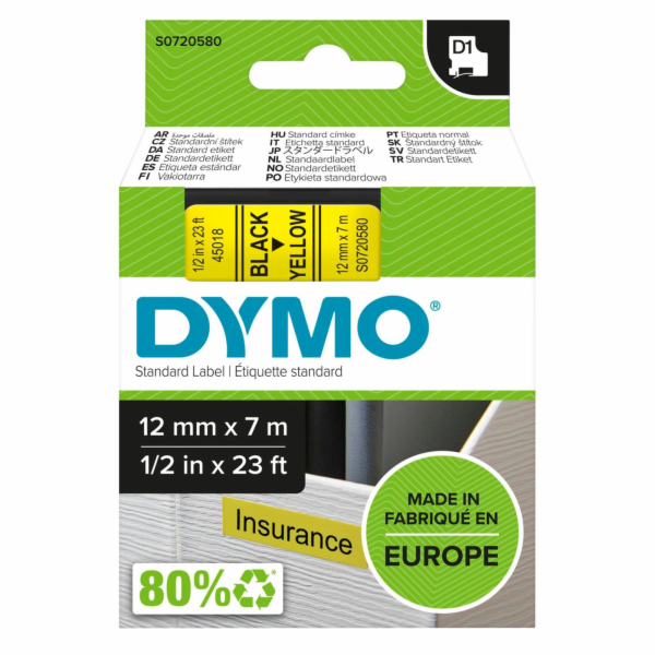 Dymo D1 ORIGINÁLNÍ štítková stuha, černá na žluté, 12mm x 7m