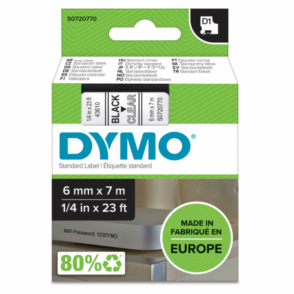 Dymo D1 paska 6 mm x 7 m cerna na transparentni  43610