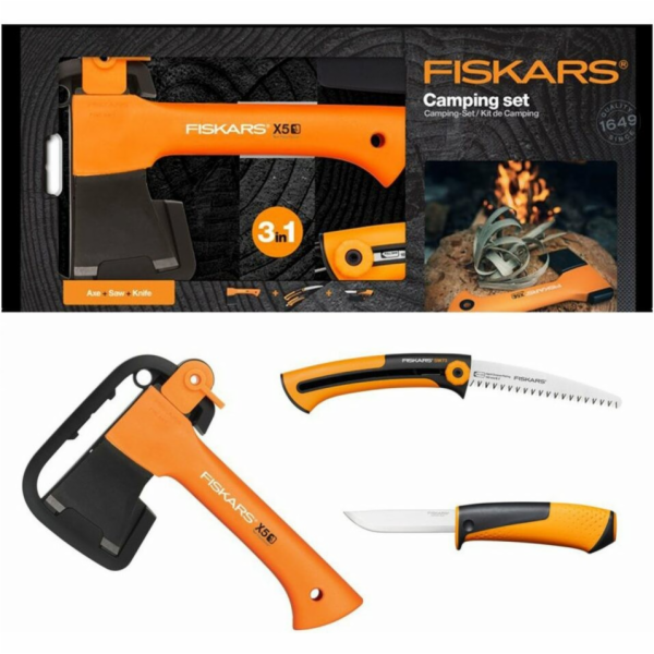Fiskars 1057912 sada, sekera + nůž + pilka kempingový set