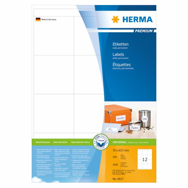Štítky Herma Premium 4617, A4, bílé, 70 x 67,7 mm, matný ...