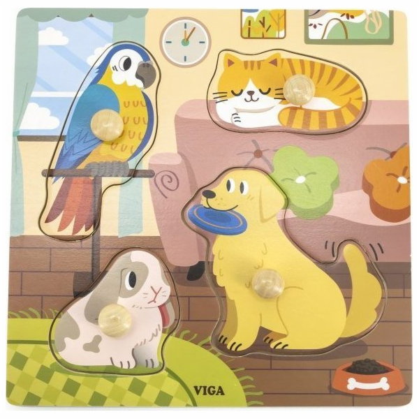 Dětské dřevěné puzzle s úchyty Viga Domácí mazlíčci 4 ks