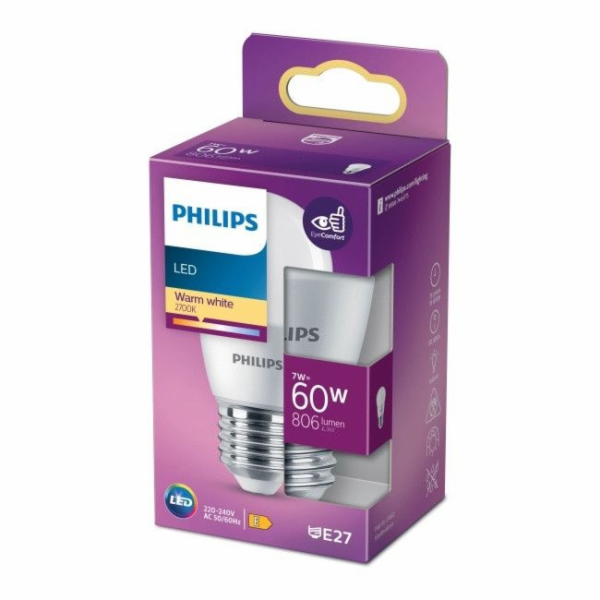 LED žárovka PHILIPS, P48, E27, 7 W, 806 lm, 2700 K