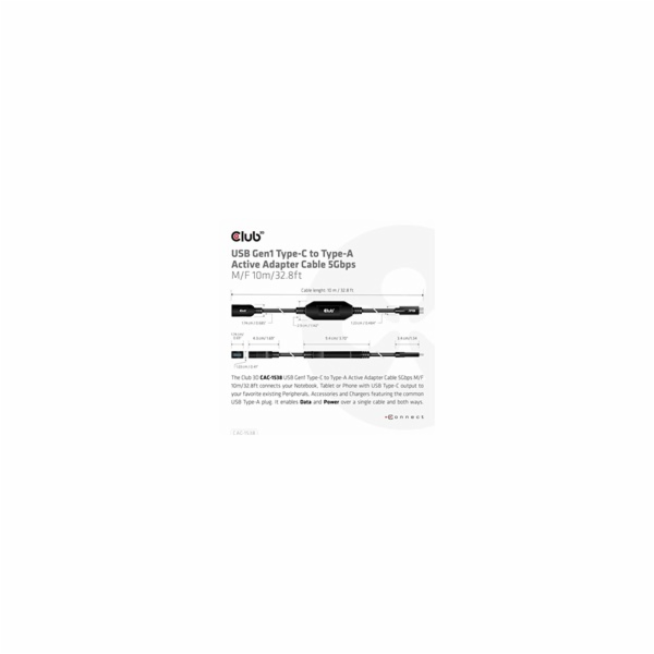 Club3D Kabel USB-C na USB-A, Aktivní adaptér/kabel, 5 Gbp...