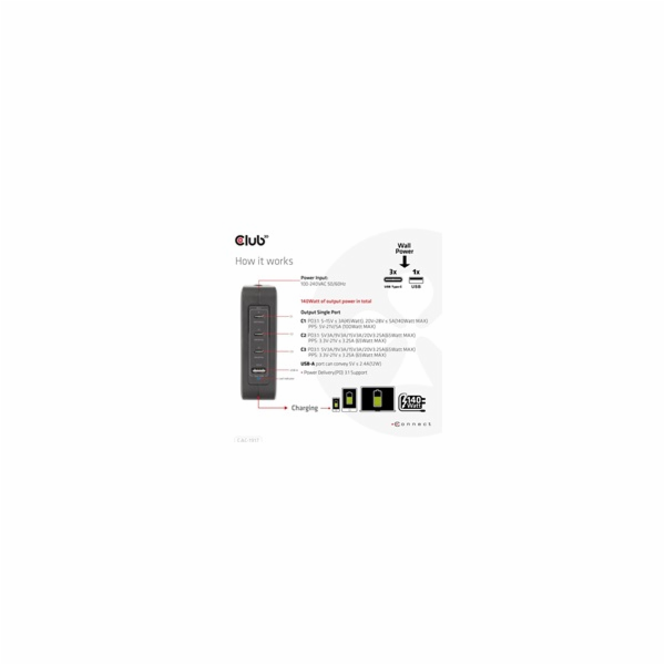 Club3D cestovní nabíječka 140W GaN technologie, 3xUSB-C, ...
