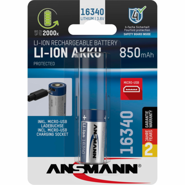 Ansmann 16340 Li-Ion aku 850mAh 3,6V micro USB vstup 1300...