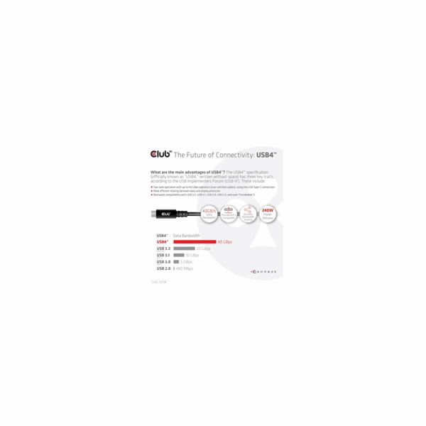 Club3D Kabel USB4 Gen3x2 Type-C Oboustranný kabel 8K60Hz,...