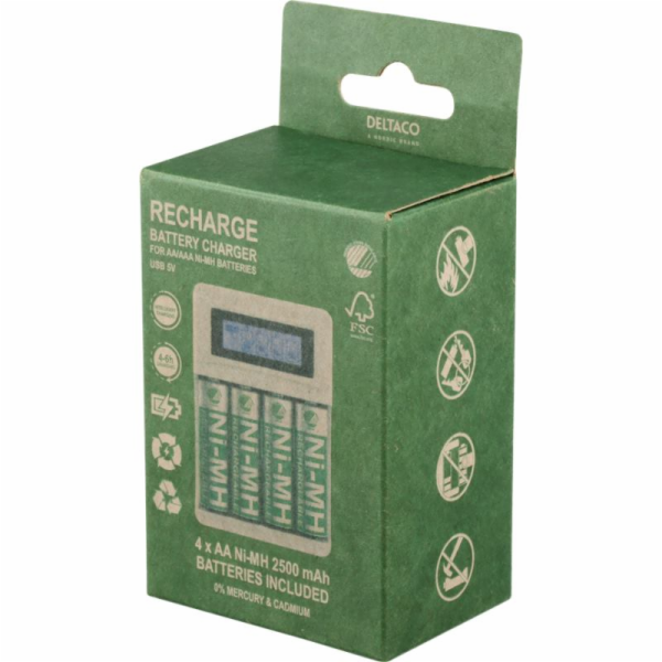 DELTACO C704A4, Nabíječka baterií, USB + 4x AA