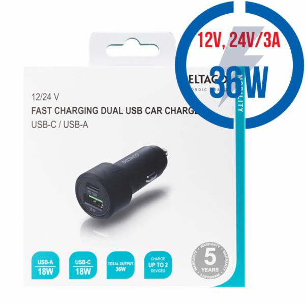 DELTACO USBC-CAR122, Autonabíječka 1x USB-C/USB-A