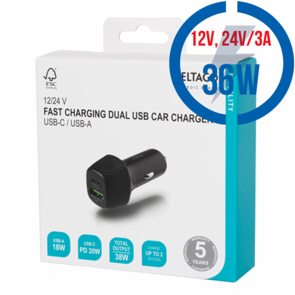 DELTACO USBC-CAR120, Autonabíječka 1x USB-C/USB-A