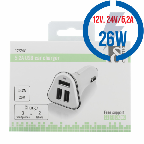 DELTACO USB-CAR102, Autonabíječka 3x USB 2.0, bi