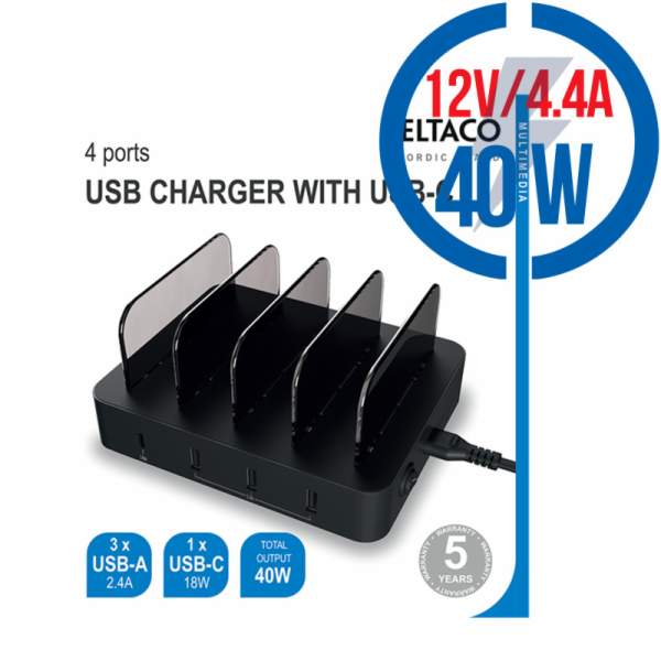 DELTACO DPS-0100, 3x USB A, Nabíjecí stanice, 40W