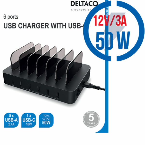 DELTACO DPS-0200, 5x USB A, Nabíjecí stanice, 50W