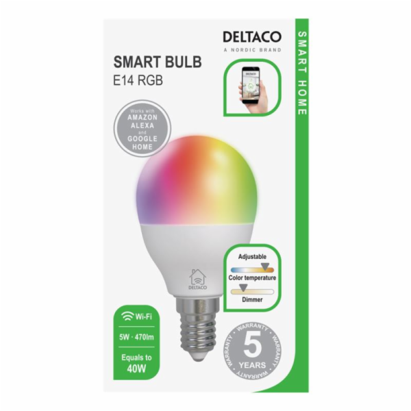 DELTACO SH-LE14G45RGB, SMART Led žárovka, E14