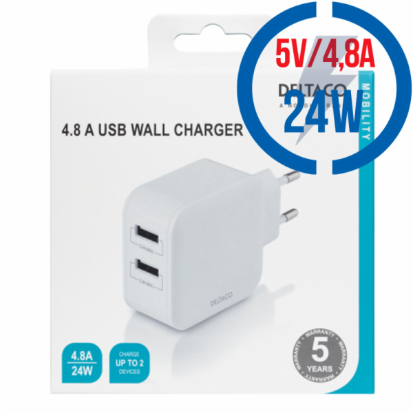 DELTACO USB-AC175, 2x USB A, Nabíječka, bílá