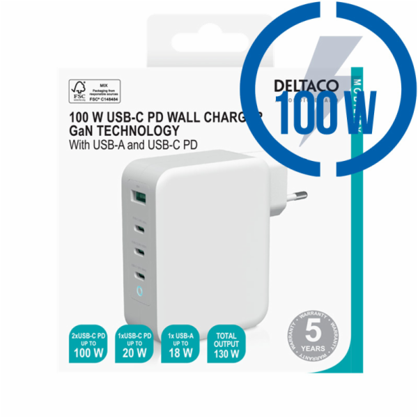 DELTACO USBC-GAN04, 3xType C/USB, Nabíječka