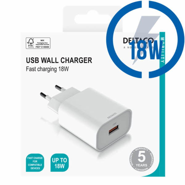 DELTACO USB-AC182, 1x USB A, Nabíječka, bílá