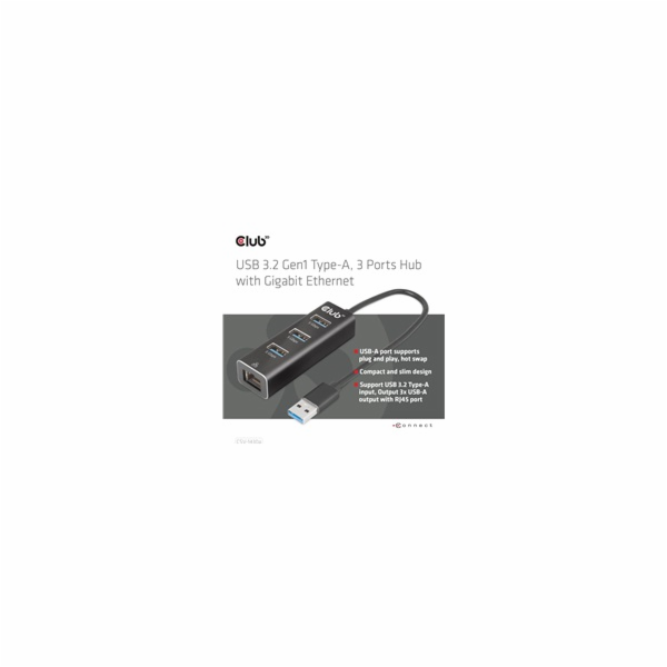 Club3D Rozbočovač, USB-A 3.2 Gen1 na 3x USB 3.1, Gigabit ...