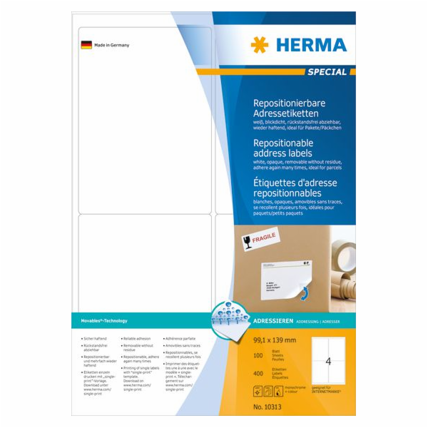 Herma odlepovací adresní štítky A4, bílé, neprůhledný mat...