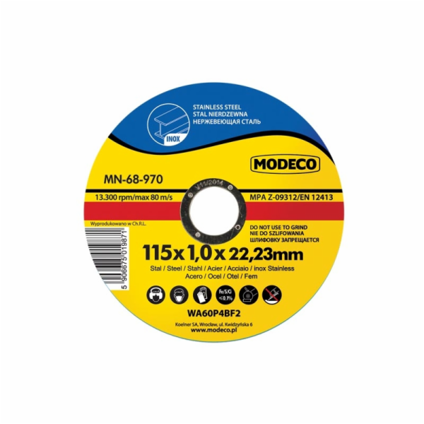 Modeco Plochý brusný kotouč na řezání oceli 115x1x22,23mm...