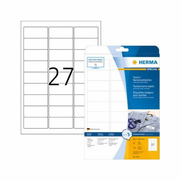 Jmenovky Herma, snímatelné, A4, 63,5 x 29,6 mm, bílé, z a...