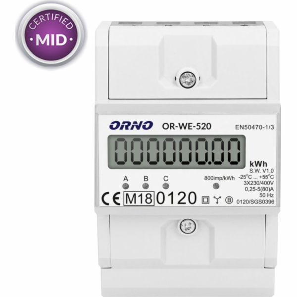 Orno 3-fázový elektroměr, 80A, MID, 3 moduly, DIN TH-35mm