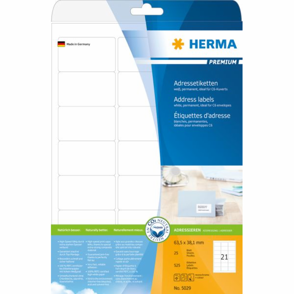 Herma Premium Labels 5029, A4, adresa, bílá, 63,5 x 38,1 ...