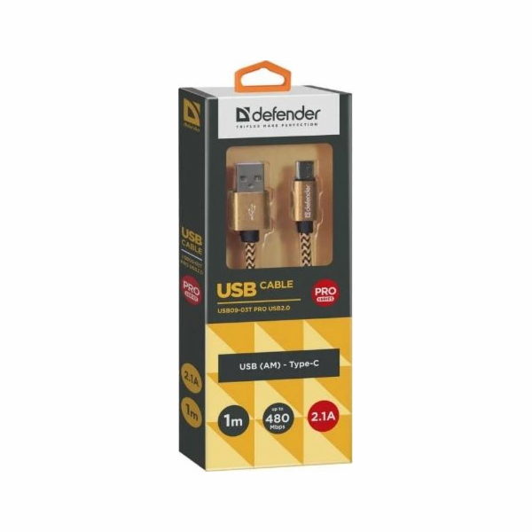 USB Defender USB AM-TYPE C kabel 1m 2.1A zlatý