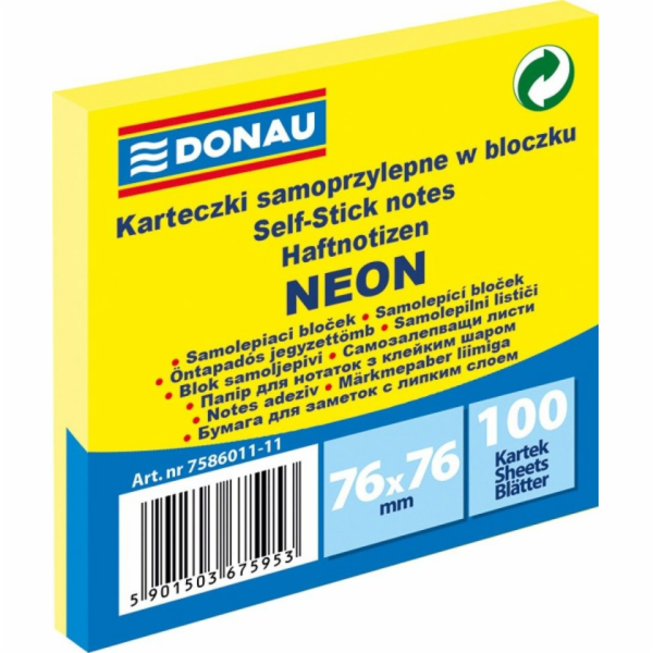 Donau DONAU SAMOLEPÍCÍ NOTEBOOK 76X76MM NEON ŽLUTÝ 100 listů