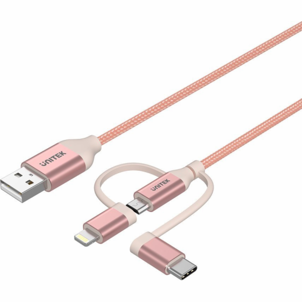 Unitek mobilní kabel 3v1, MFi, 1 m, růžový