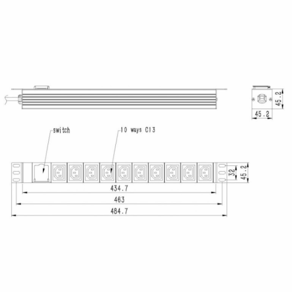 Rack napájecí lišta PDU 10xC13 1U 16A C19 2m