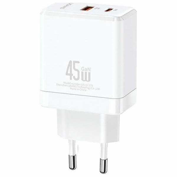 Usams nabíječka USB-C+USB-A 45W GaN PD 3.0 nástěnná nabíj...