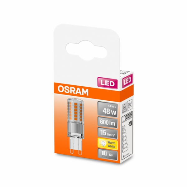 LED lampa Osram, T18, G9, 4,8W, 2700K, 600lm, transparentní