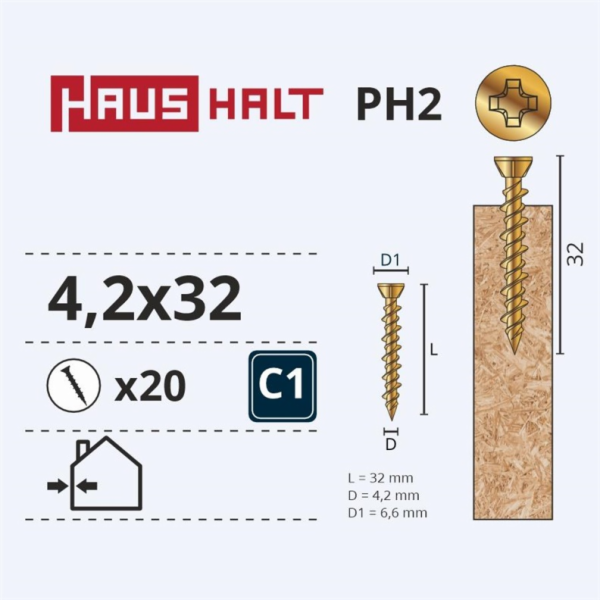 Vruty do dřeva Haushalt, 4,2 x 32 mm, ZN, PH, 20 ks.