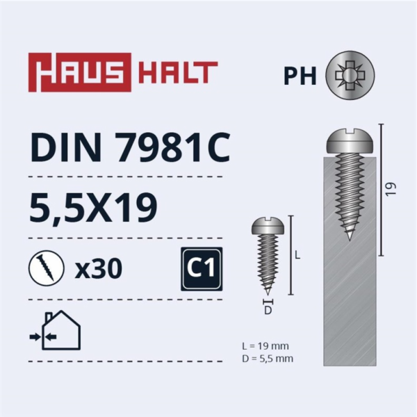 Samořezné šrouby Haushalt, DIN7981C, 5,5 x 19 mm, 30 ks.