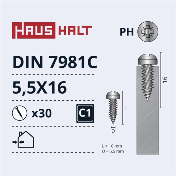 Samořezné šrouby Haushalt, DIN7981C, 5,5 x 16 mm, 30 ks.