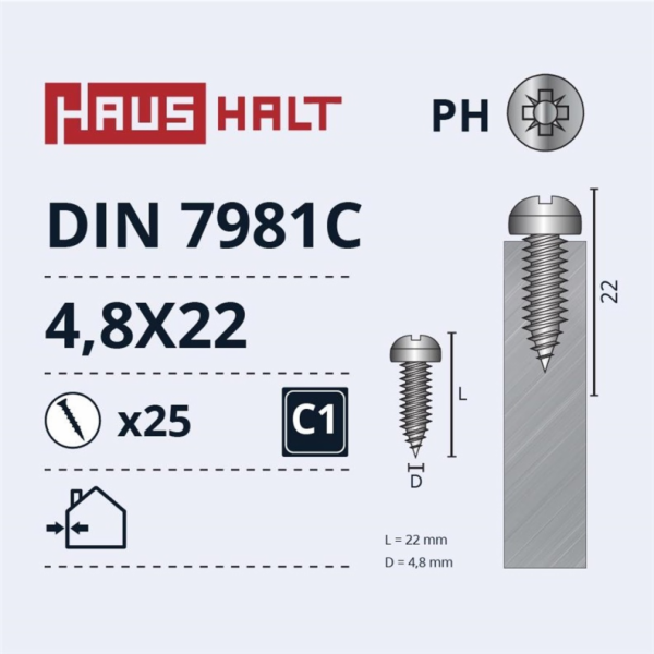 Samořezné šrouby Haushalt, DIN7981C, 4,8 x 22 mm, 25 ks.