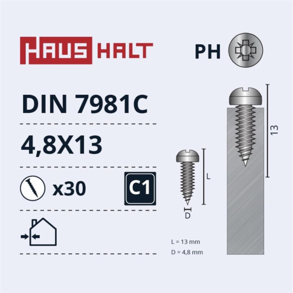 Samořezné šrouby Haushalt, DIN7981C, 4,8 x 13 mm, 30 ks.
