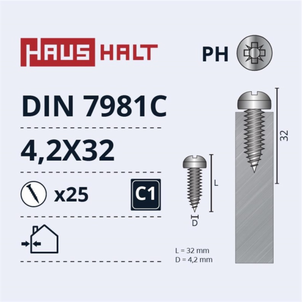 Samořezné šrouby Haushalt, DIN7981C, 4,2 x 32 mm, 25 ks.