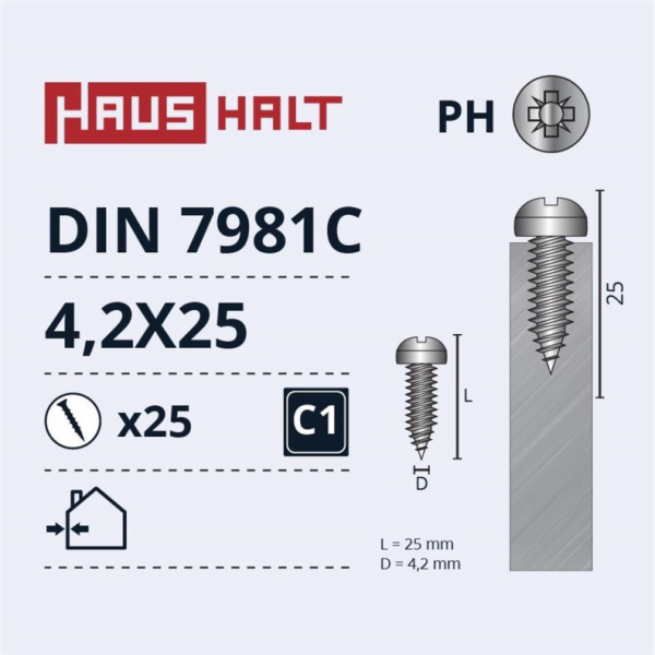 Samořezné šrouby Haushalt, DIN7981C, 4,2 x 25 mm, 25 ks.