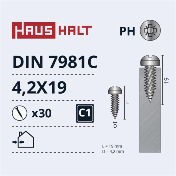 Samořezné šrouby Haushalt, DIN7981C, 4,2 x 19 mm, 30 ks.