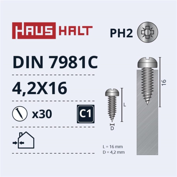 Samořezné šrouby Haushalt, DIN7981C, 4,2 x 16 mm, 30 ks.